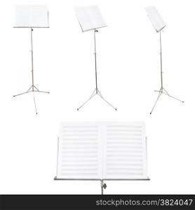 set of music stands with blank music book isolated on white background