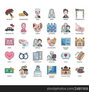 Set of Muslim Wedding2 thin line icons for any web and app project.