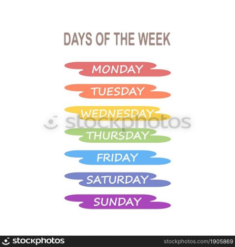 Set of names of days of week on rainbow colors background. Isolated on white background. Cartoon flat style. Vector illustration