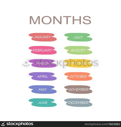 Set of names of months isolated on white background. Cartoon flat style. Vector illustration
