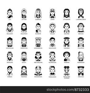 Set of Nationality 3 women thin line icons for any web and app project.