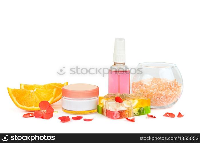 Set of natural cosmetics for skin care Isolated on a white background. Free space for text.