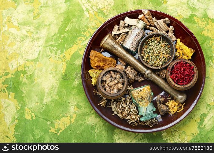 Set of natural herbal ingredients.Dried herbs for use in alternative medicine. Set healing herbs