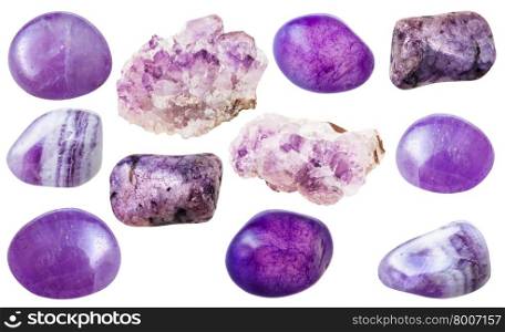set of natural mineral gemstones - various amethyst gem stones isolated on white background
