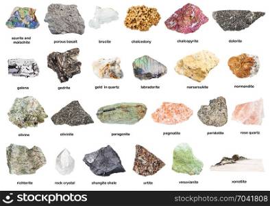 set of natural mineral specimens with name (dolerite, olivine, pegmatite, peridotite, richterite, shungite shale, urtite, gedrite, xonotlite, quartz, chalcopyrite, galena, etc) isolated on white