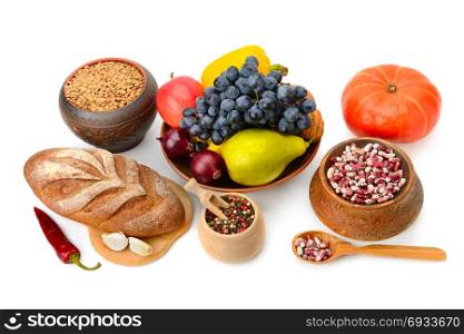 Set of natural products isolated on white background. Flat lay, top view.