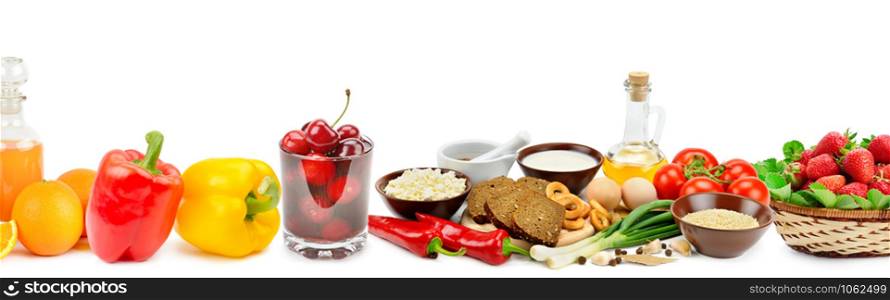 Set of natural products isolated on white background. Healthy food. Panoramic collage. Wide photo with free space for text.