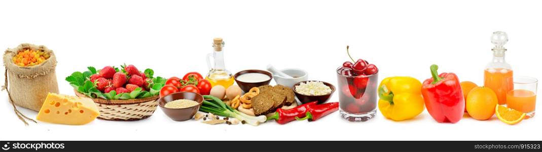 Set of natural products isolated on white background. Healthy food. Panoramic collage. Wide photo with free space for text.