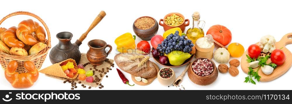 Set of natural products isolated on white background. Healthy food. Panoramic collage. Wide photo.
