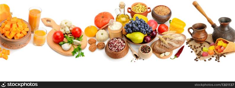 Set of natural products isolated on white background. Healthy food. Panoramic collage. Wide photo.