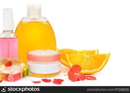 Set of natural skin care products isolated on a white background. Free space for text.