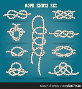 Set of nautical rope knots drawn in vintage style. Vector illustration.