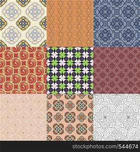 Set of nine different abstract geometrical seamless patterns. Vector backgrounds for your design