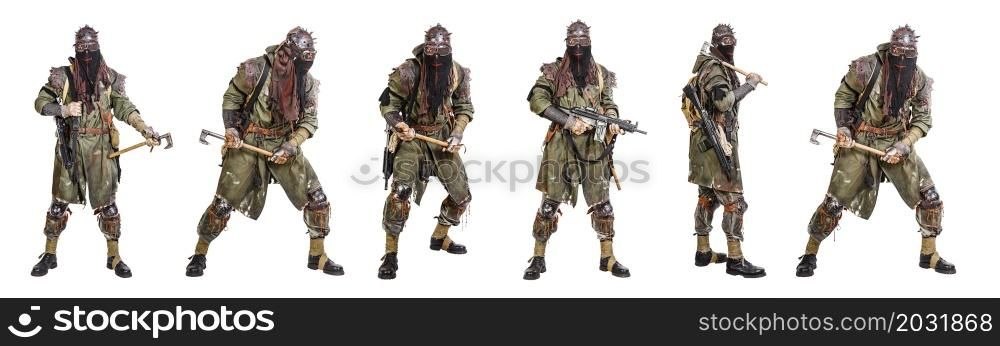 Set of nuclear post apocalypse survivors with homemade weapons and cold steel on white background. Life after doomsday concept. Set of nuclear post apocalypse survivors