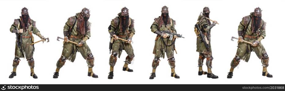 Set of nuclear post apocalypse survivors with homemade weapons and cold steel on white background. Life after doomsday concept. Set of nuclear post apocalypse survivors
