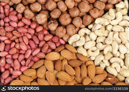 Set of nuts - peanuts, cashews, almonds, walnuts.