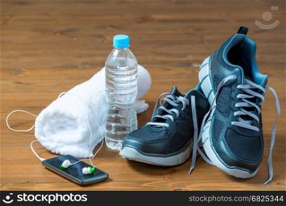 Set of objects for fitness on the floor close-up