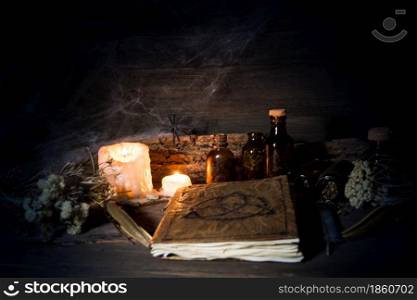 set of objects for witchcraft rituals, on rustic wood. set of objects symbols of esoteric rituals