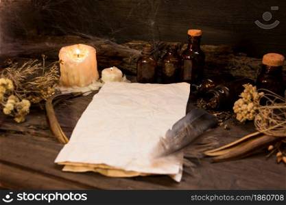 set of objects for witchcraft rituals, on rustic wood. set of objects symbols of esoteric rituals