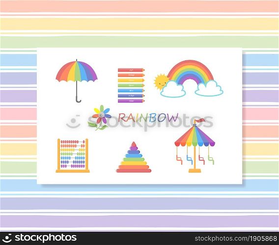 Set of objects painted in rainbow colors. Cartoon flat style. Vector illustration
