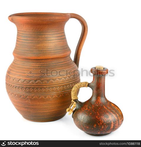 Set of old ceramic pot - kitchen retro equipment of cooking isolated on white background.