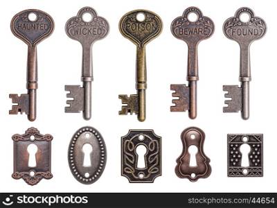 Set of old keys and keyholes isolated on white background