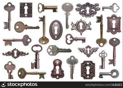 Set of old keys and keyholes isolated on white background