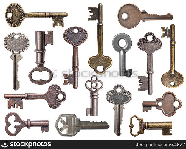 Set of old keys isolated on white background
