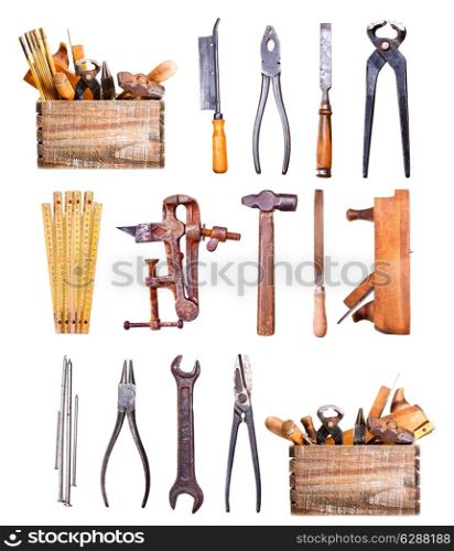 set of old tools isolated on white background