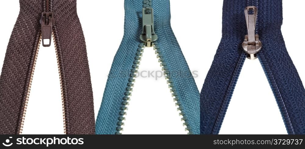 set of open zip fasteners close up isolated on white background
