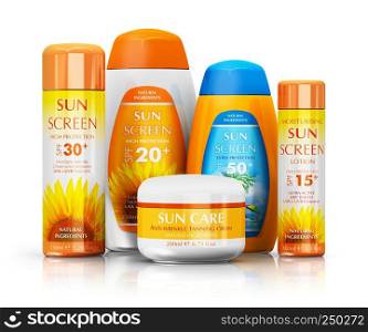 Set of orange sun skin care protection cosmetic bottles and containers isolated on white background with reflection effect