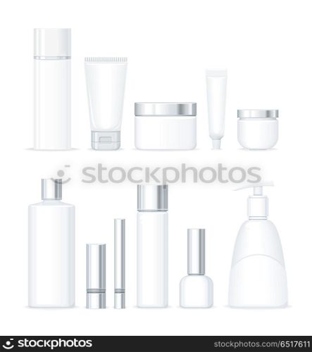 Set of Organic Series Cosmetic. Set of organic series cosmetic. Lotion, creams, soap, tonic. Empty plastic tube for cosmetics. Product for body, face and skin care, beauty health freshness youth hygiene Realistic vector illustration