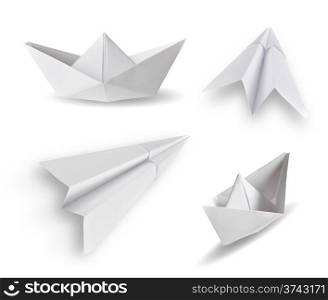 set of paper ship and paper plane on white