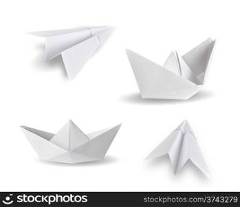 set of paper ship and paper plane on white