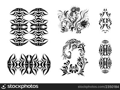 Set of patterns in black and white. Geometric and floral ornament. Set of floral design elements. Big set of design elements, frame, border, geometric ornament.. Set of patterns in black and white.