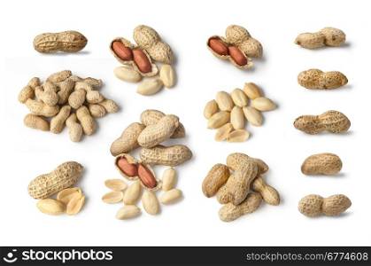 Set of Peanuts isolated on white background close up
