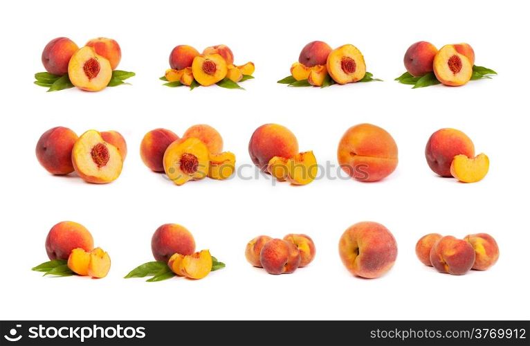 Set of perfect, ripe peaches with slices isolated on a white background.
