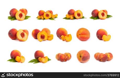 Set of perfect, ripe peaches with slices isolated on a white background.