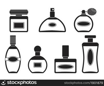 Set of perfume bottles in black and white style. Cartoon flat style. Vector illustration