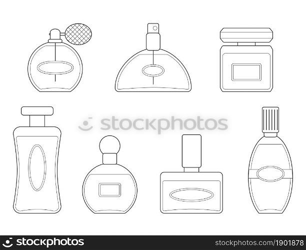 Set of perfume bottles in linear style. Cartoon flat style. Vector illustration