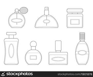 Set of perfume bottles in linear style. Cartoon flat style. Vector illustration