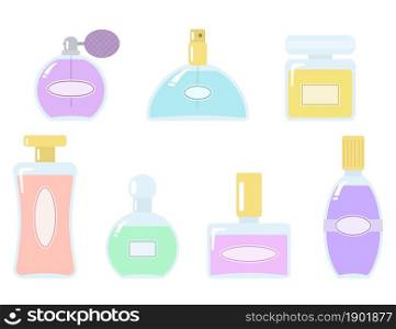 Set of perfume bottles isolated on white background. Cartoon flat style. Vector illustration