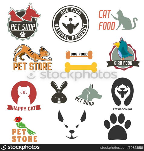 Set of pet shop labels and badges. Cat food. Dog food. Pet store. Logo design template. Pet grooming&#xA;