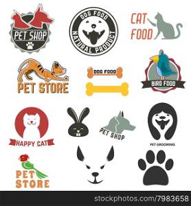 Set of pet shop labels and badges. Cat food. Dog food. Pet store. Logo design template. Pet grooming&#xA;