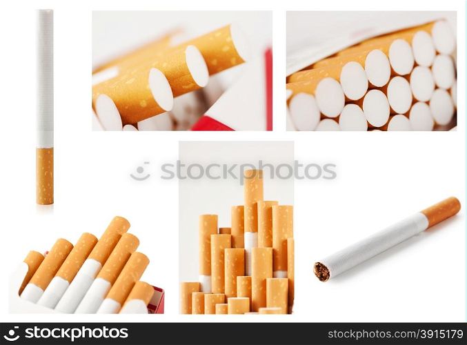 Set of photos with cigarettes isolated on a white background