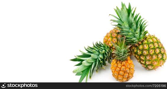 Set of pineapples isolated on white background. Healthy food. Free space for text. Wide photo.