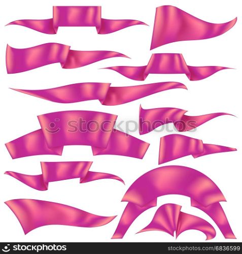Set of Pink Ribbons. Set of Pink Ribbons Isolated on White Background. Flag Collection