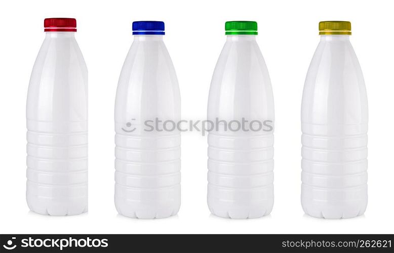 Set of plastic milk bottles on a white background