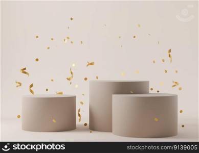 Set of podiums with falling confetti on beige background. Elegant podiums for product, cosmetic presentation. Luxury mockup. Pedestal or platform for beauty products. Empty scene. 3D rendering. Set of podiums with falling confetti on beige background. Elegant podiums for product, cosmetic presentation. Luxury mockup. Pedestal or platform for beauty products. Empty scene. 3D rendering.