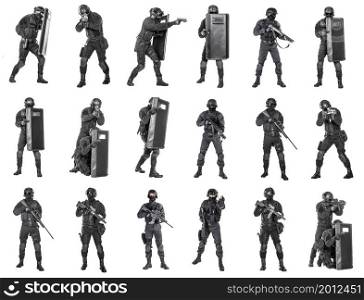 Set of police officers SWAT with firearms ballistic shield studio shot isolated on white background. police officers SWAT
